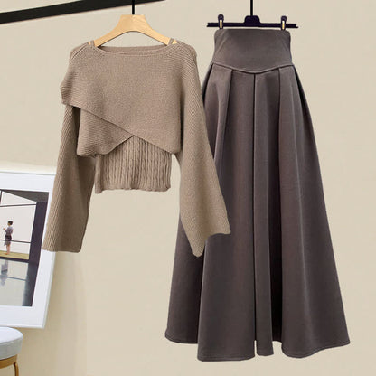 Elegant Cross Sweater Cable Knit Cami Top Skirt modakawa