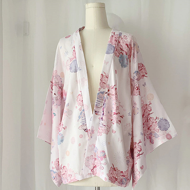 Cat Sakura Print Loose Cardigan Kimono Outerwear modakawa