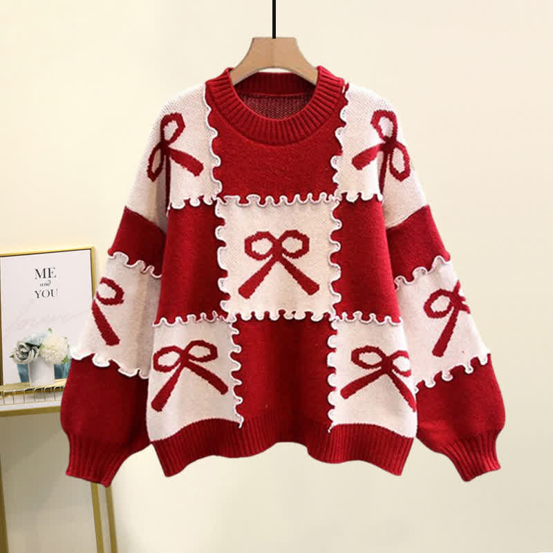 Red Bow Knot Print Colorblock Sweater Slip Dress Set modakawa