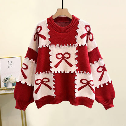 Red Bow Knot Print Colorblock Sweater Slip Dress Set modakawa