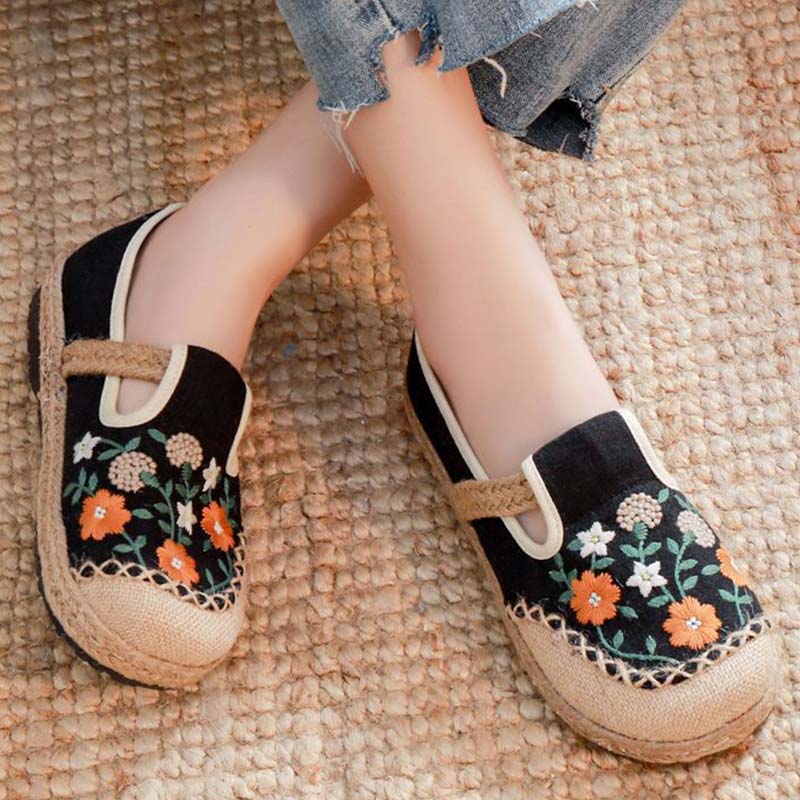 Vintage Floral Canvas Flats Shoes Modakawa