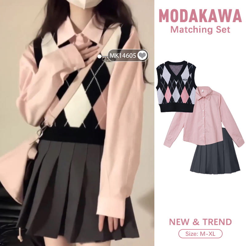 Pink Rhombus Print Vest Long Sleeve Shirt Pleated Skirt modakawa