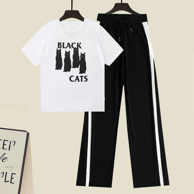 Cat Letter Print T-Shirt Casual Wide Leg Pants - Set / M