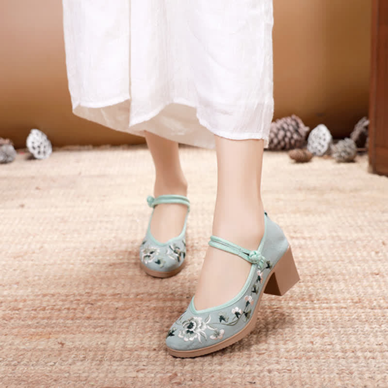 Elegant Floral Embroidery Buckle High Heel Shoes modakawa