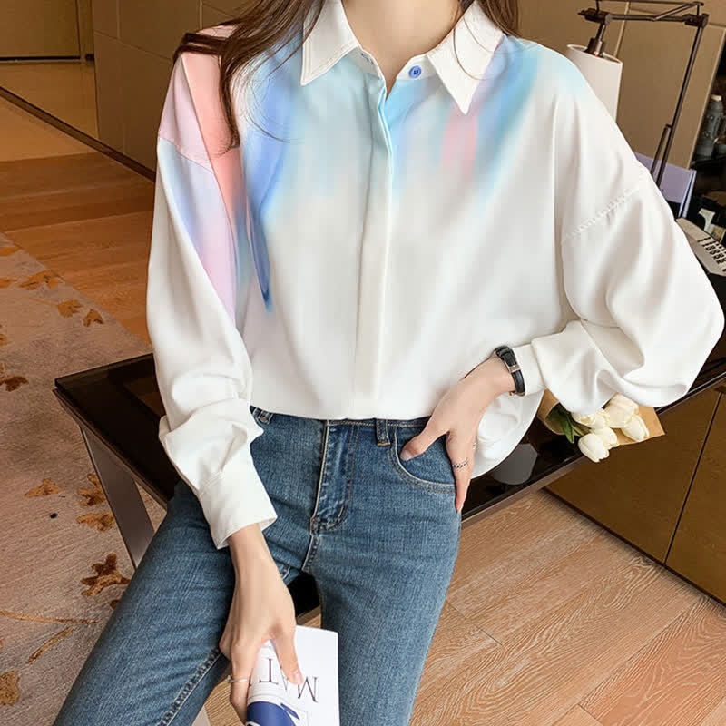 Colorblock Gradient Print Lapel Shirt modakawa