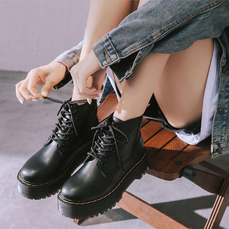 Leather Platform Lace Up Round Toe Martin Boots Modakawa