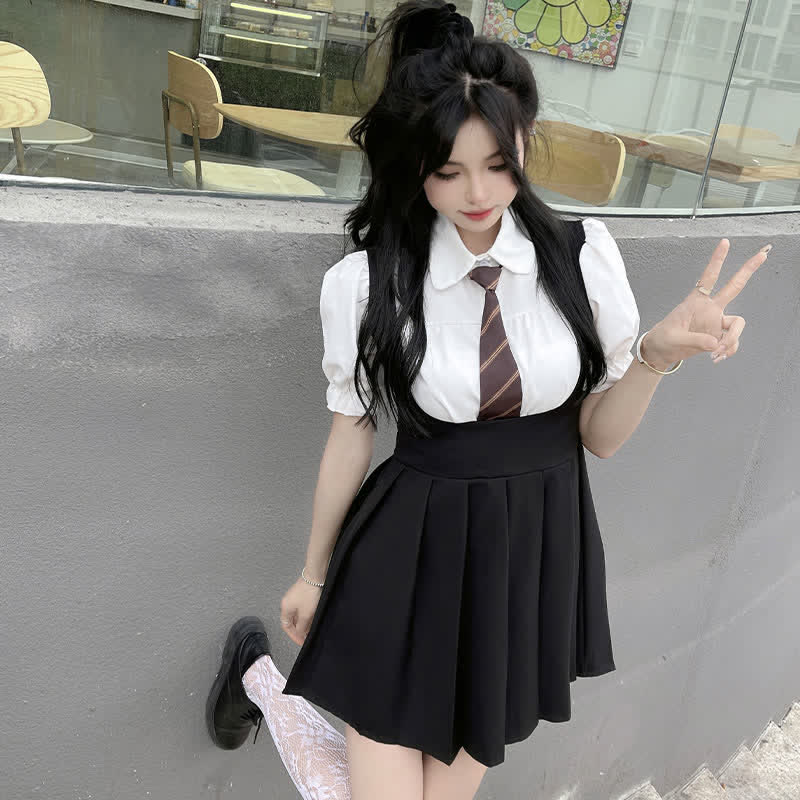 Kawaii Puff Sleeve T-Shirt Tie Pleated Suspender Skirt Set Modakawa