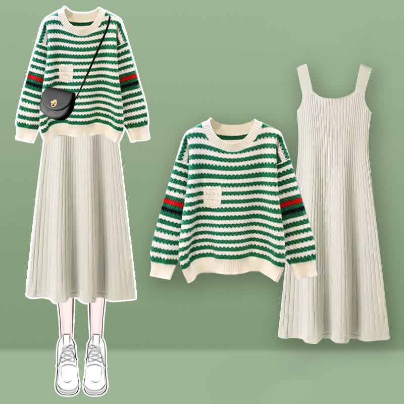 Stripe Colorblock Knit Sweater Slip Dress Set modakawa