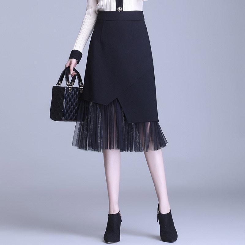 Irregular Mesh Stitching Black Skirt Modakawa