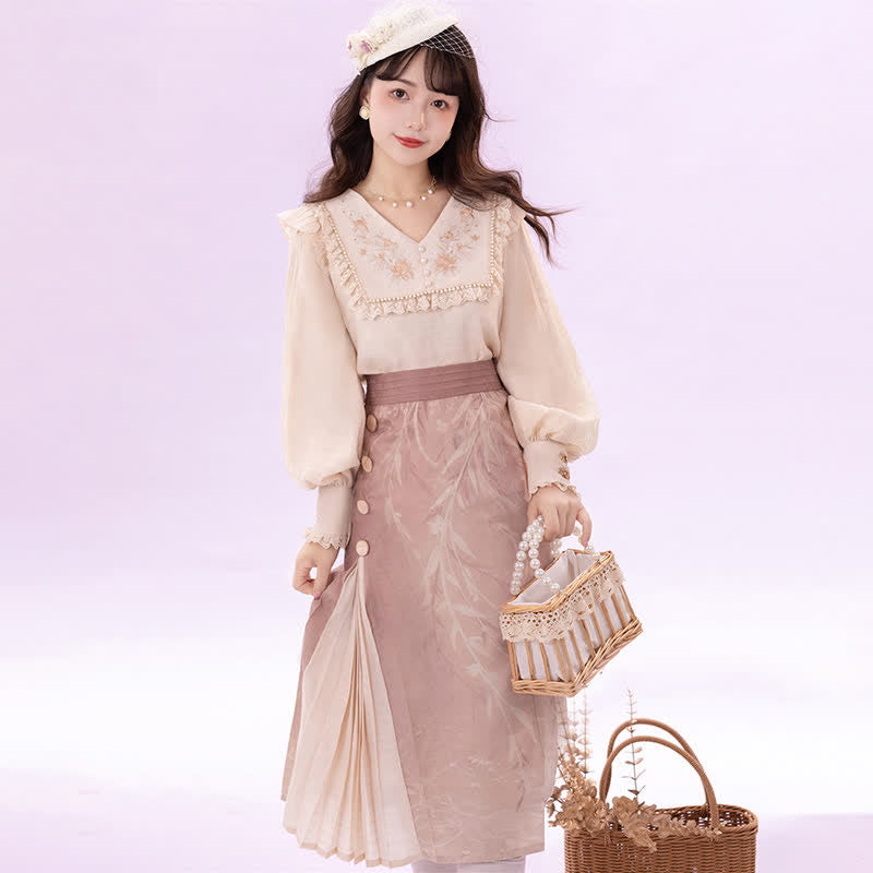 Elegant Embroidery Pink Shirt High Waist Split Pleated Skirt modakawa