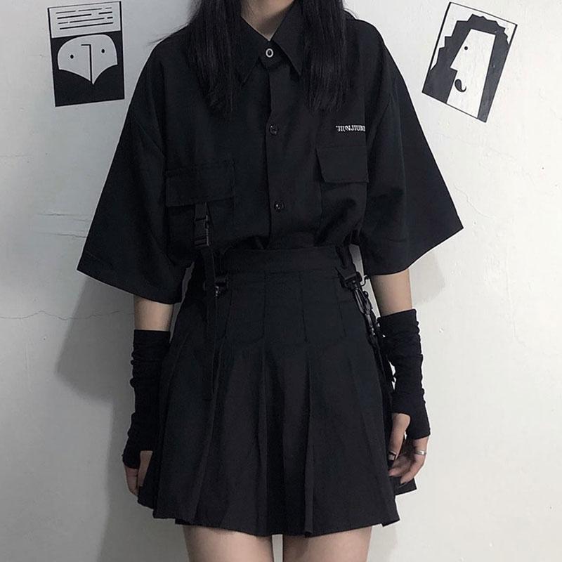 Black Dark Pocket T-Shirt Skirt Set Modakawa