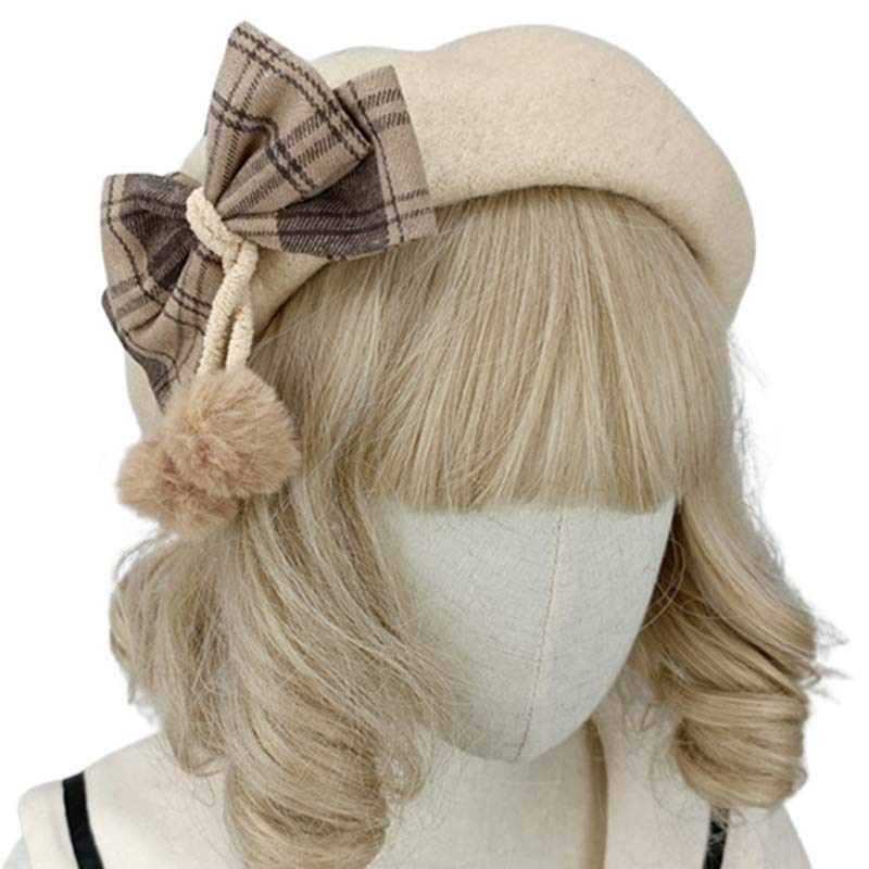 Vintage Bow Knot Plaid Lolita Beret modakawa