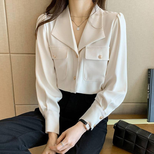 White Casual Lapel Neck Pocket Shirt Modakawa