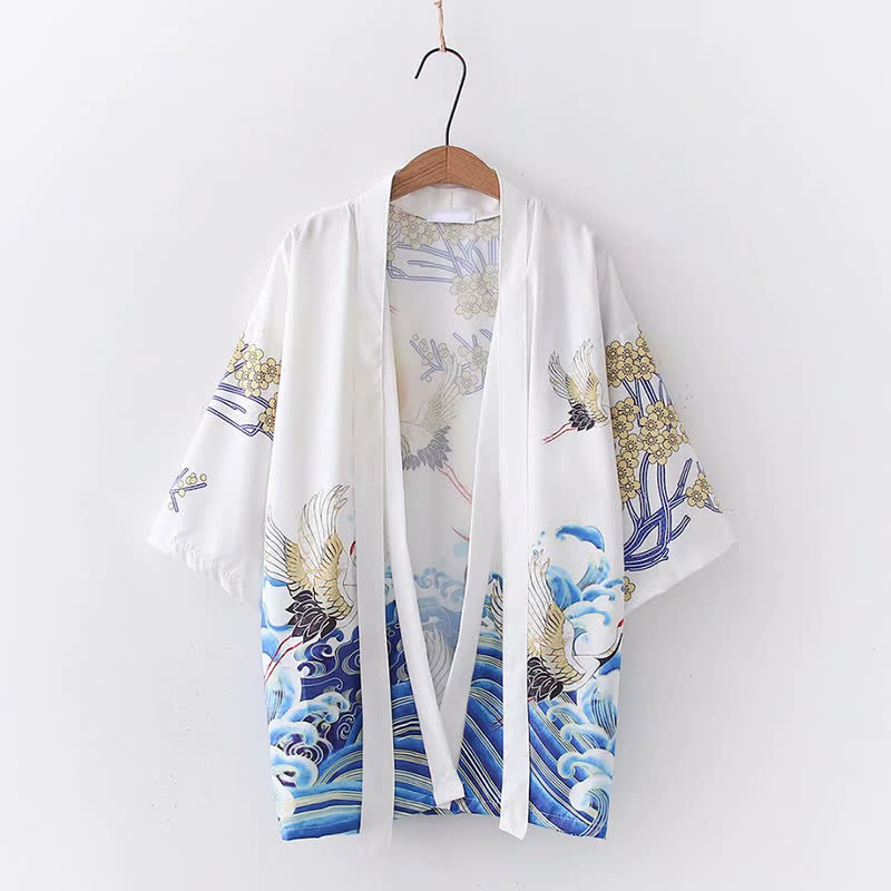 Fashion Crane Blossom Print Cardigan Outerwear modakawa