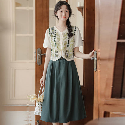 Green Graphic Embroidery Puff Sleeve T-Shirt High Waist Skirt modakawa