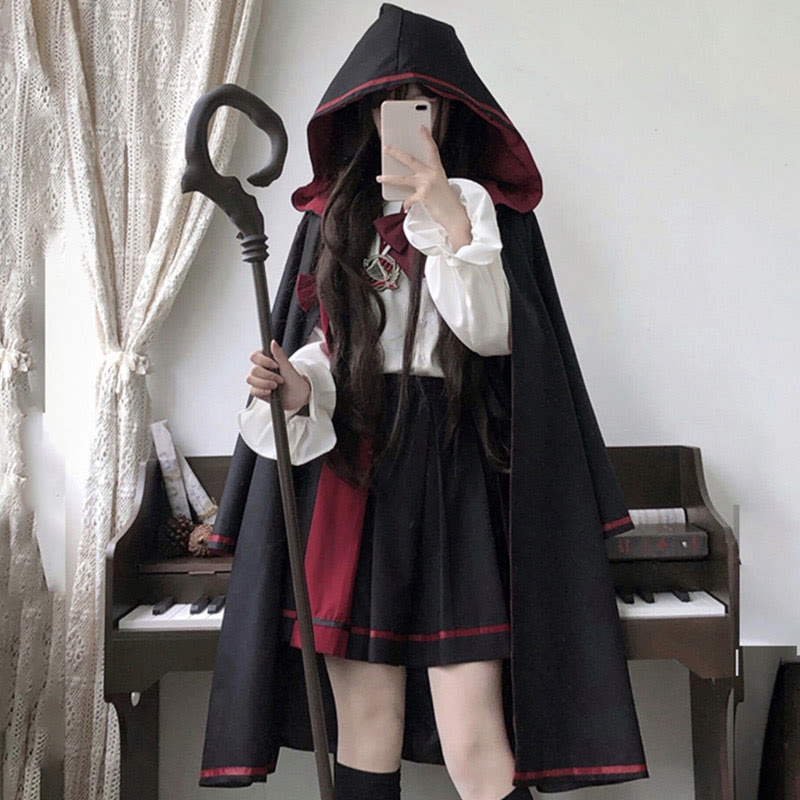 Long Sleeve Shirt Pleated Skirt Hooded Cloak Three Pieces Set modakawa