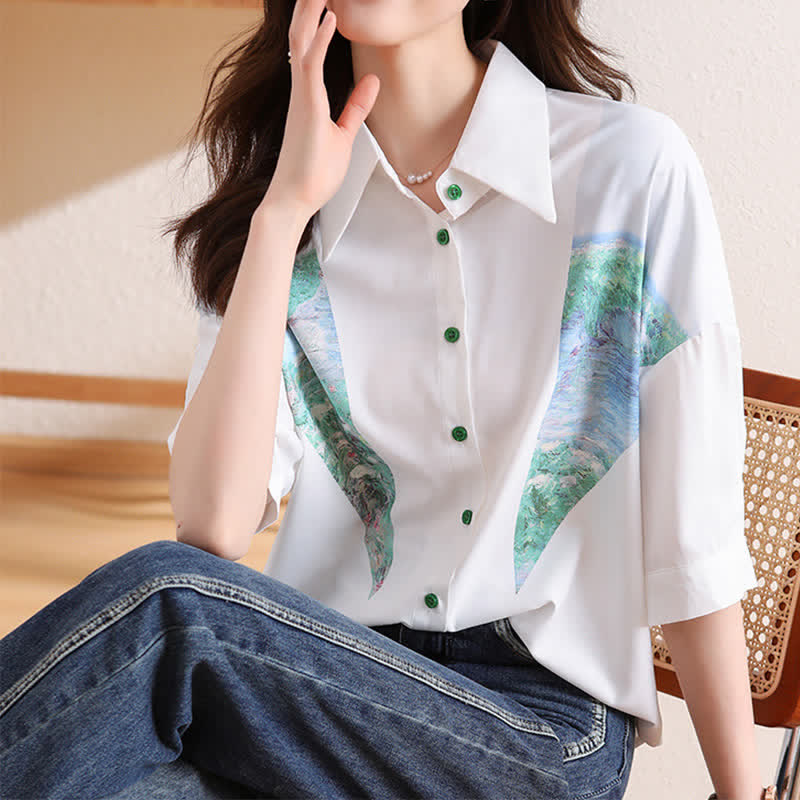 Chic Painting Print Chiffon Lapel Shirt modakawa