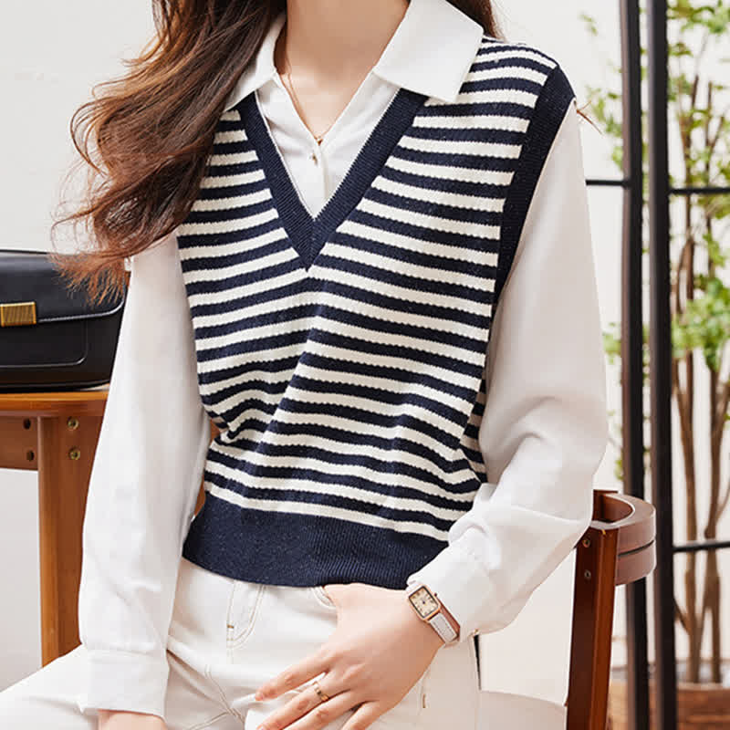 Stripe Fake Two Pieces Knit White Lapel Shirt SpreePicky