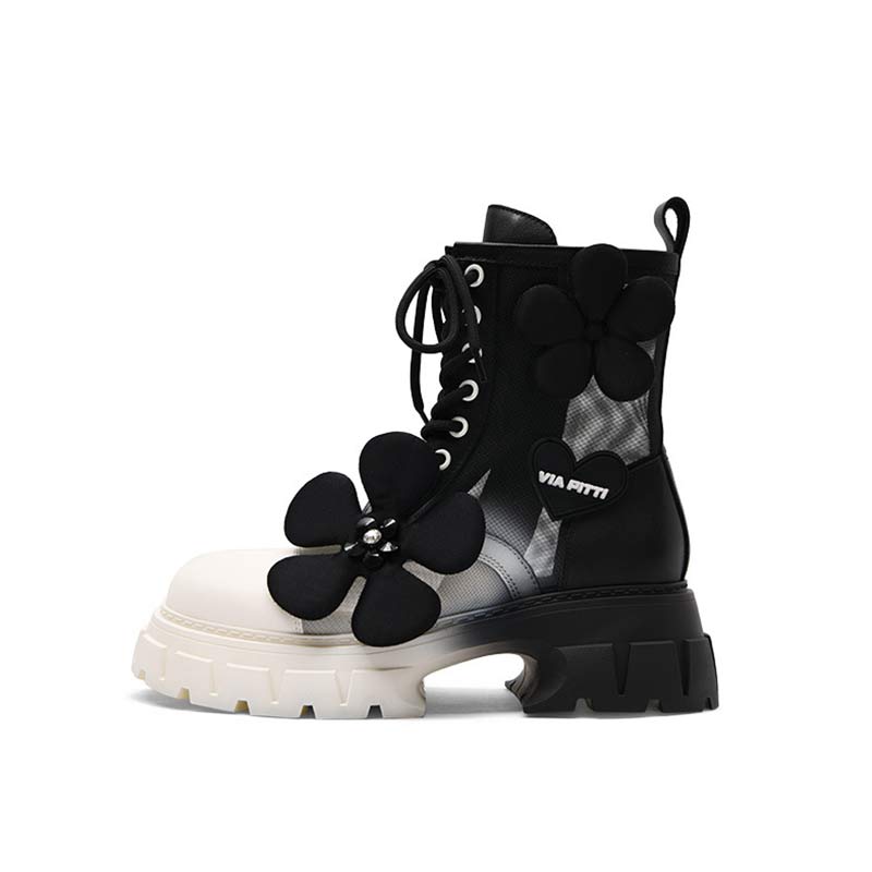 Gradient Color Floral Mesh Platform Boots Modakawa