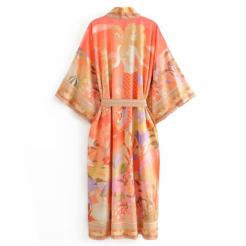 Floral Peacock Mermaid Print Robe Cardigan Outerwear modakawa