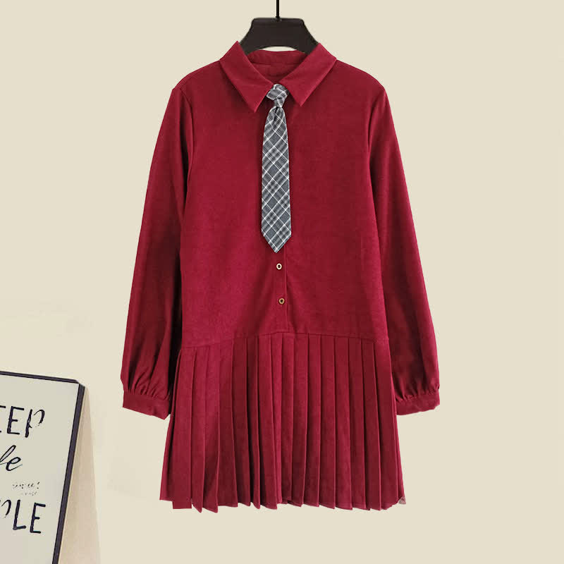 Chic Knit Vest Lapel Tie Pleated Shirt Dress Set modakawa