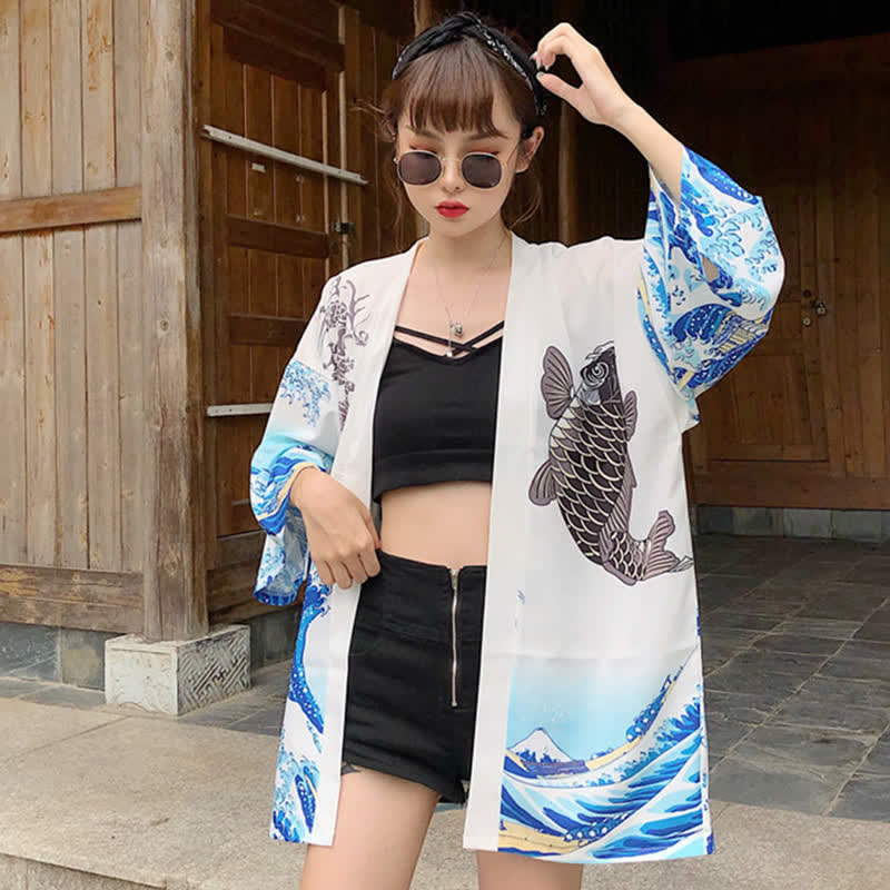 Vintage Wave Carp Print Casual Cardigan Kimono Outerwear modakawa