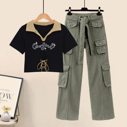 Letter Print Crop Top T-Shirt Cargo Pants Set modakawa