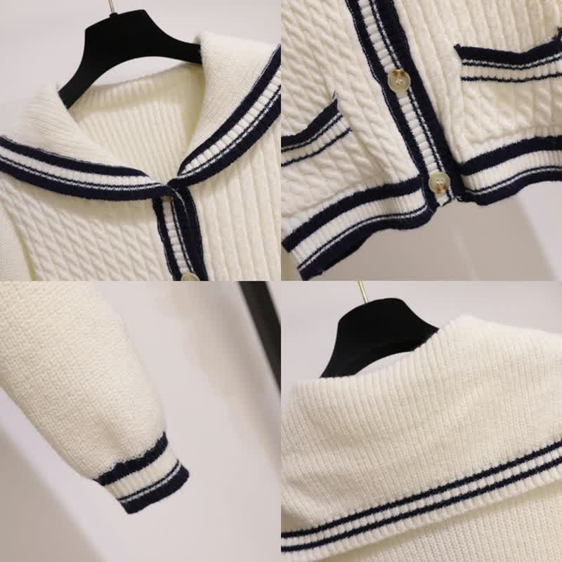 Sailor Collar Cable Sweater Casual Pants Pleated Skirt Set Modakawa