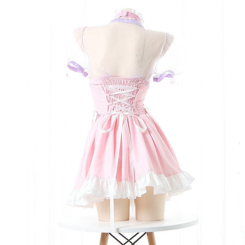 Pink Lace Up Lolita Maid Dress Set Modakawa