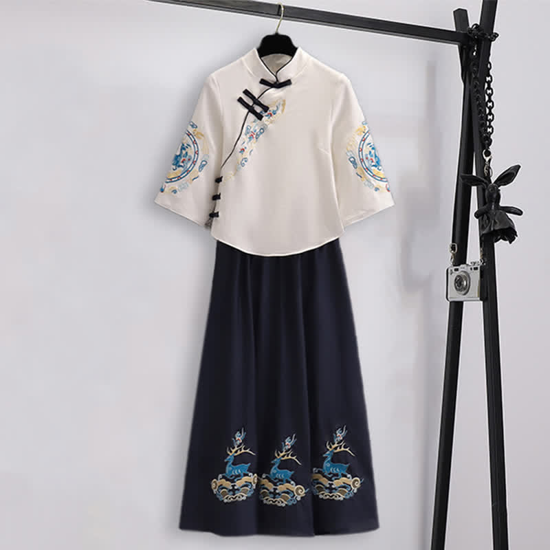 Elegant Deer Embroidery Buckle Shirt Skirt modakawa