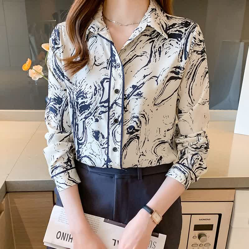 Ink Painting Print Long Sleeve Lapel Shirt modakawa