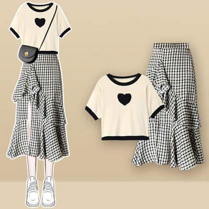 Love Heart Print T-Shirt Lattice Flouncing Split Skirt Set modakawa