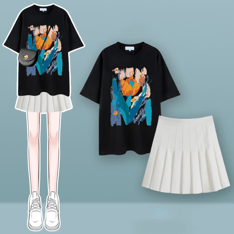 Tulip Cherry Blossom Print T-Shirt Pleated Skirt Set modakawa