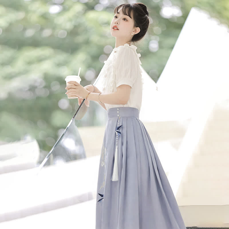 Sweet Buckle T-Shirt Embroidery Tassel Pleated Skirt modakawa