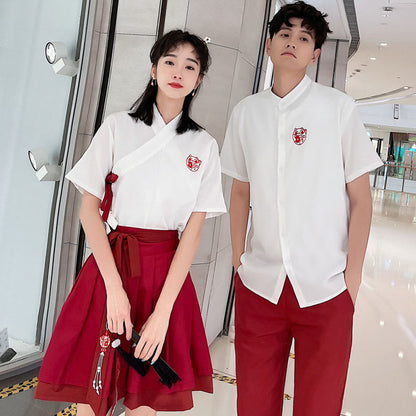 Couple Vintage Embroidery T-Shirt Lace Up Skirt Pants modakawa