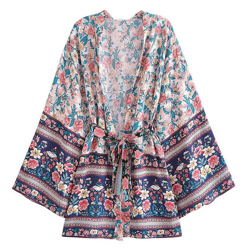 Boho Flower Print Belt Cardigan Outerwear modakawa