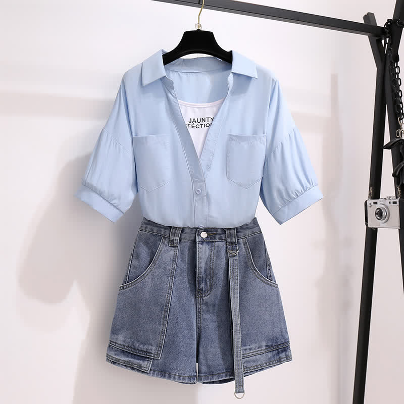 Fake Two Pieces Lapel T-Shirt Pocketed Denim Shorts modakawa