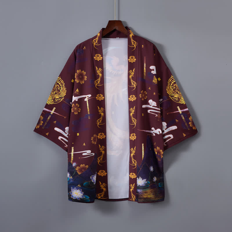 Vintage Phoenix Crane Print Cardigan Outerwear modakawa