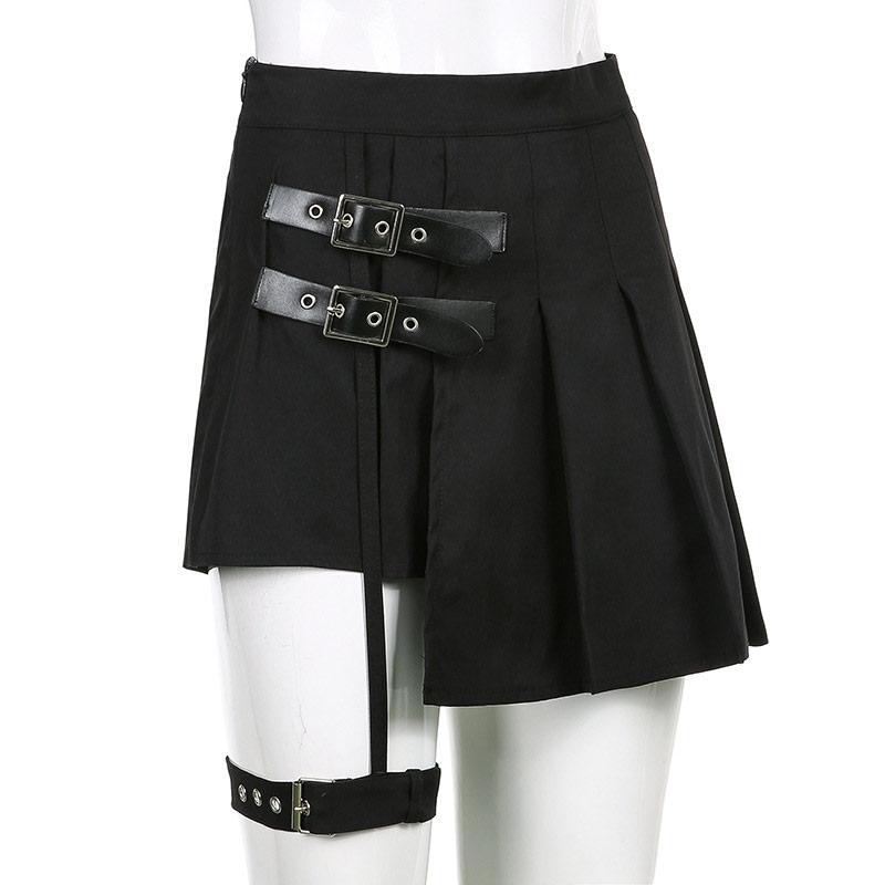 Y2K Buckle Leg Ring Mini Pleated Skirt Modakawa