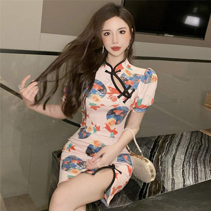 Charming Blue Floral Buckle Split Cheongsam Dress modakawa