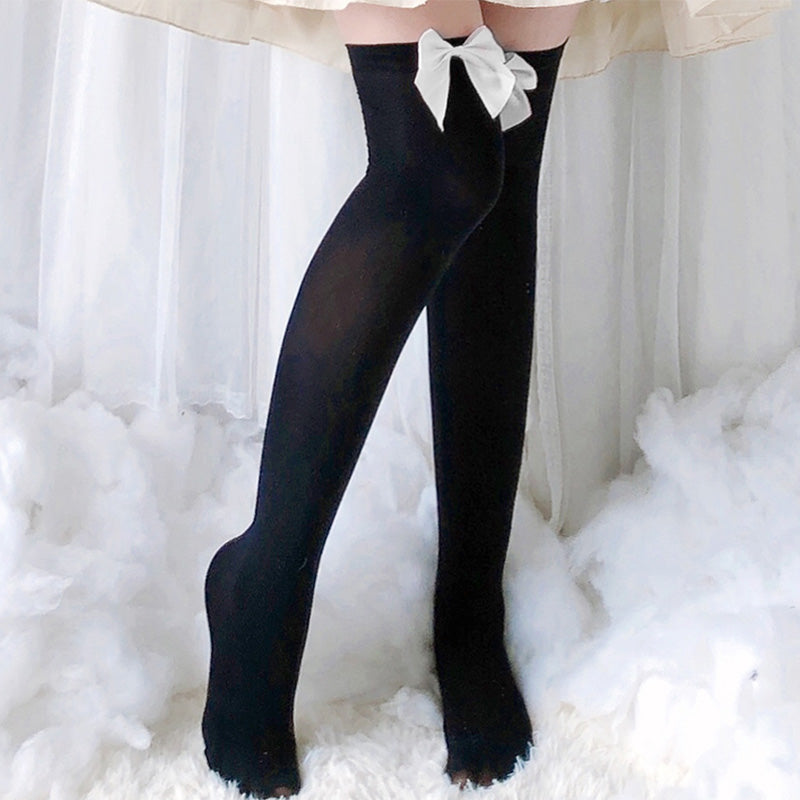 Bow Decor Pure Color Lolita Stockings Modakawa