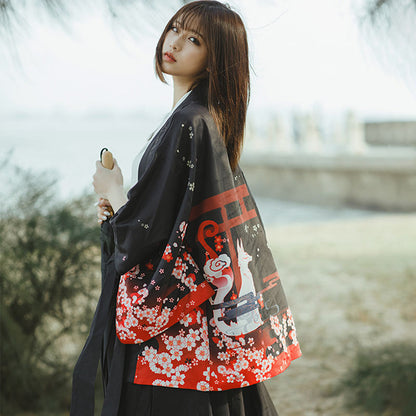 Fox Sakura Print Loose Cardigan Kimono Outerwear Modakawa