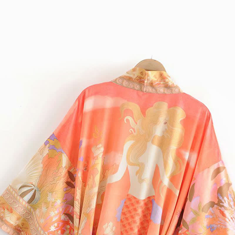 Floral Peacock Mermaid Print Robe Cardigan Outerwear modakawa