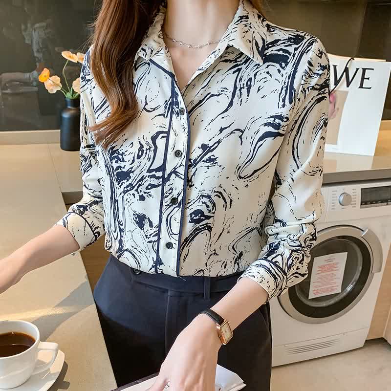 Ink Painting Print Long Sleeve Lapel Shirt modakawa