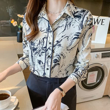 Ink Painting Print Long Sleeve Lapel Shirt modakawa