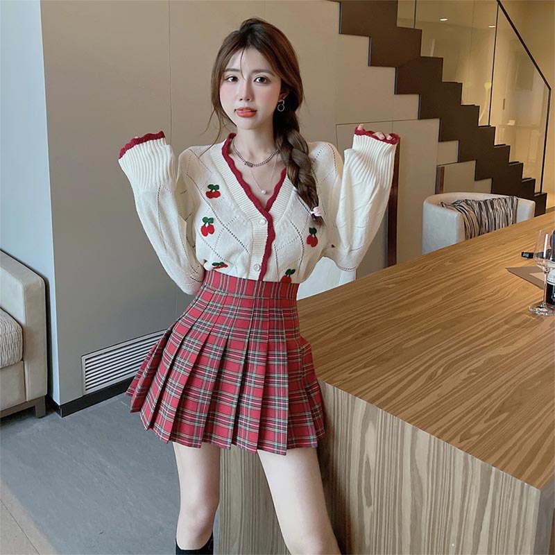 Cherry Embroidery Sweater Plaid Skirt Set Modakawa