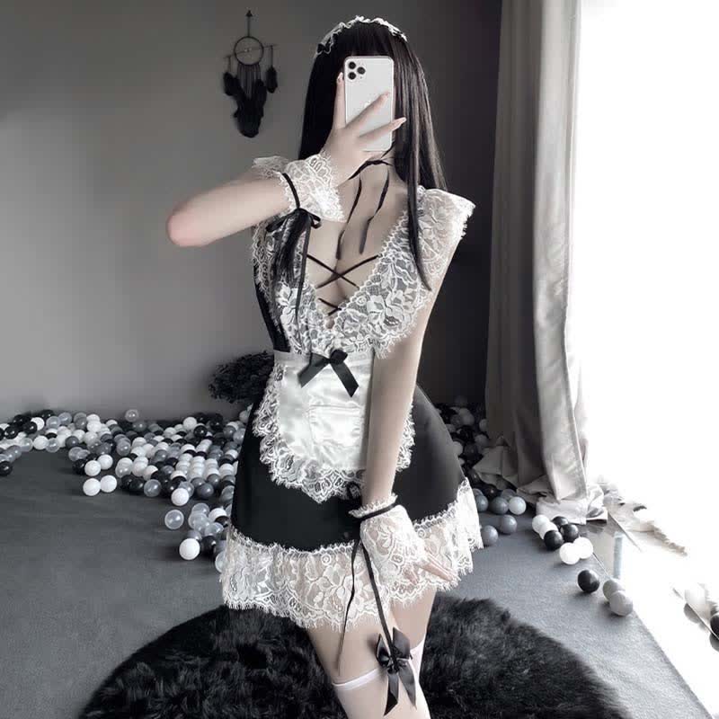 Cosplay Black Bow Maid Deep Lace Lingerie Dress Modakawa