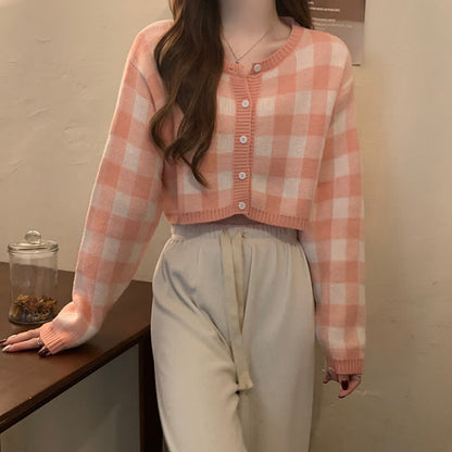 Pink Plaid Top Cardigan Sweater White Pants Set modakawa