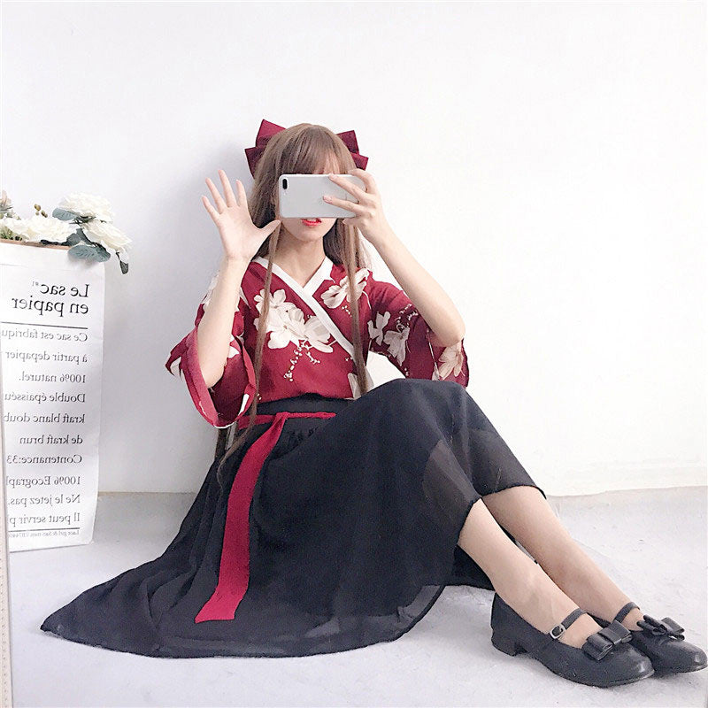 Floral Red Black Hanfu Costume Set Modakawa