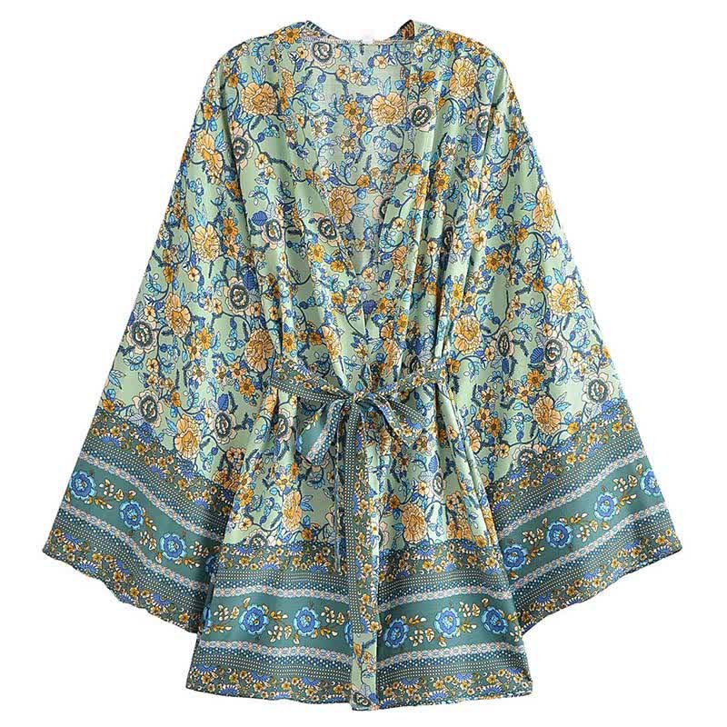 Boho Flower Print Belt Cardigan Outerwear modakawa